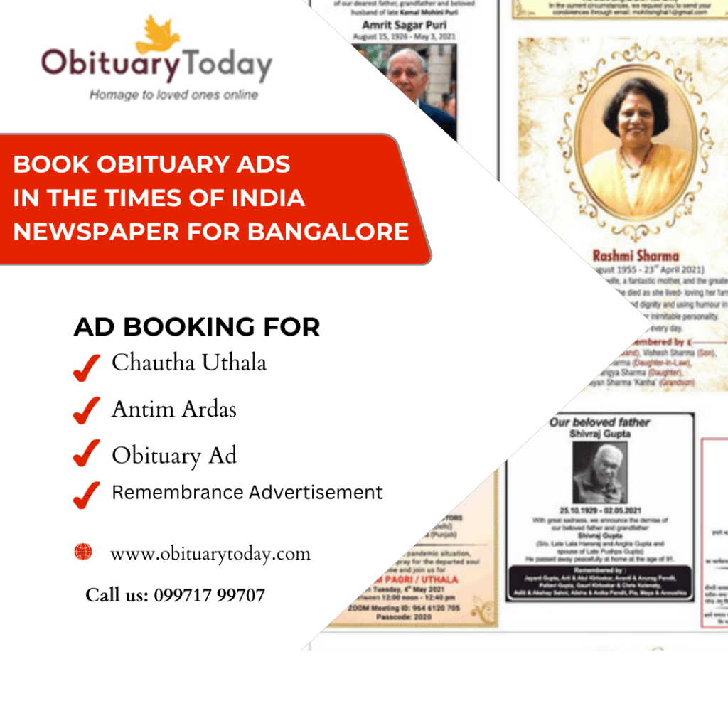 Booking Obituary Advertisement in The Times of India Newspaper for&nbsp;Bangalore