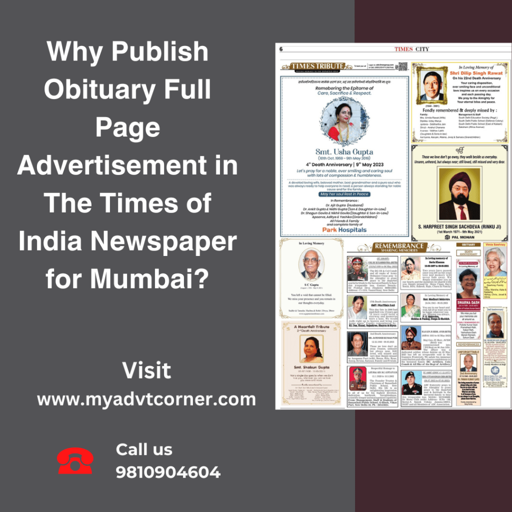Why Publish Obituary Full Page Advertisement in The Times of India Newspaper for&nbsp;Mumbai?