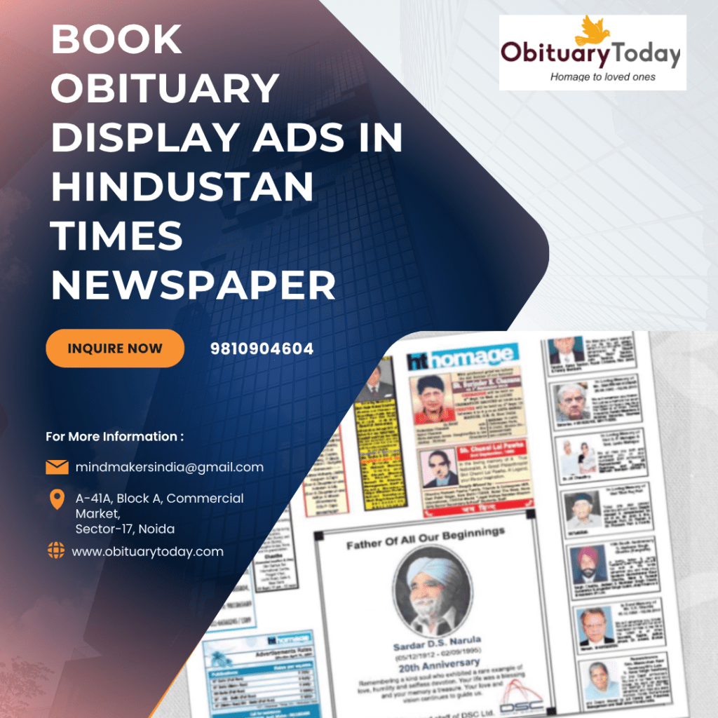 Book Obituary Advertisement in Hindustan Times&nbsp;Newspaper