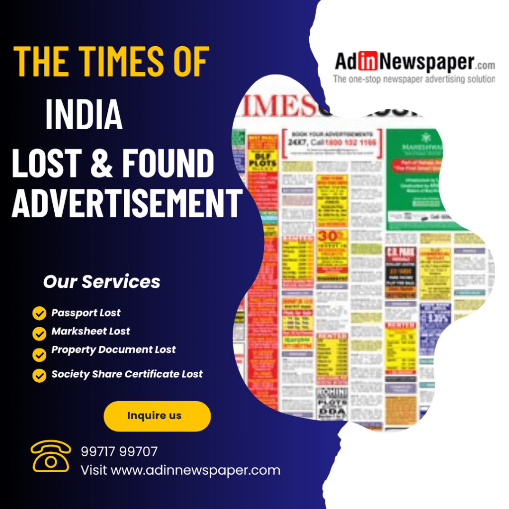 The Times of India Lost and Found Advertisement: Publish Easily with&nbsp;Adinnewspaper